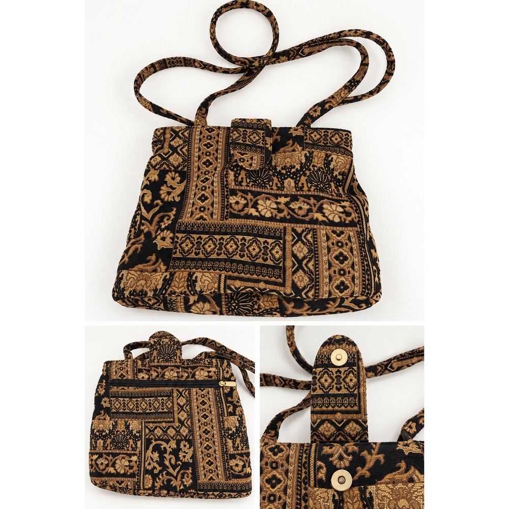 Vintage Boho Gold Black Chenille Tapestry Crossbody Bag Geometric Purse
